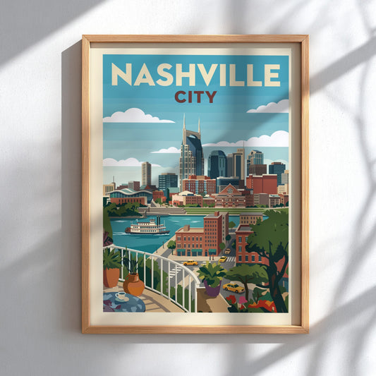 Retro Nashville skyline art print with cityscape, river, and paddlewheel boat in muted colors.
