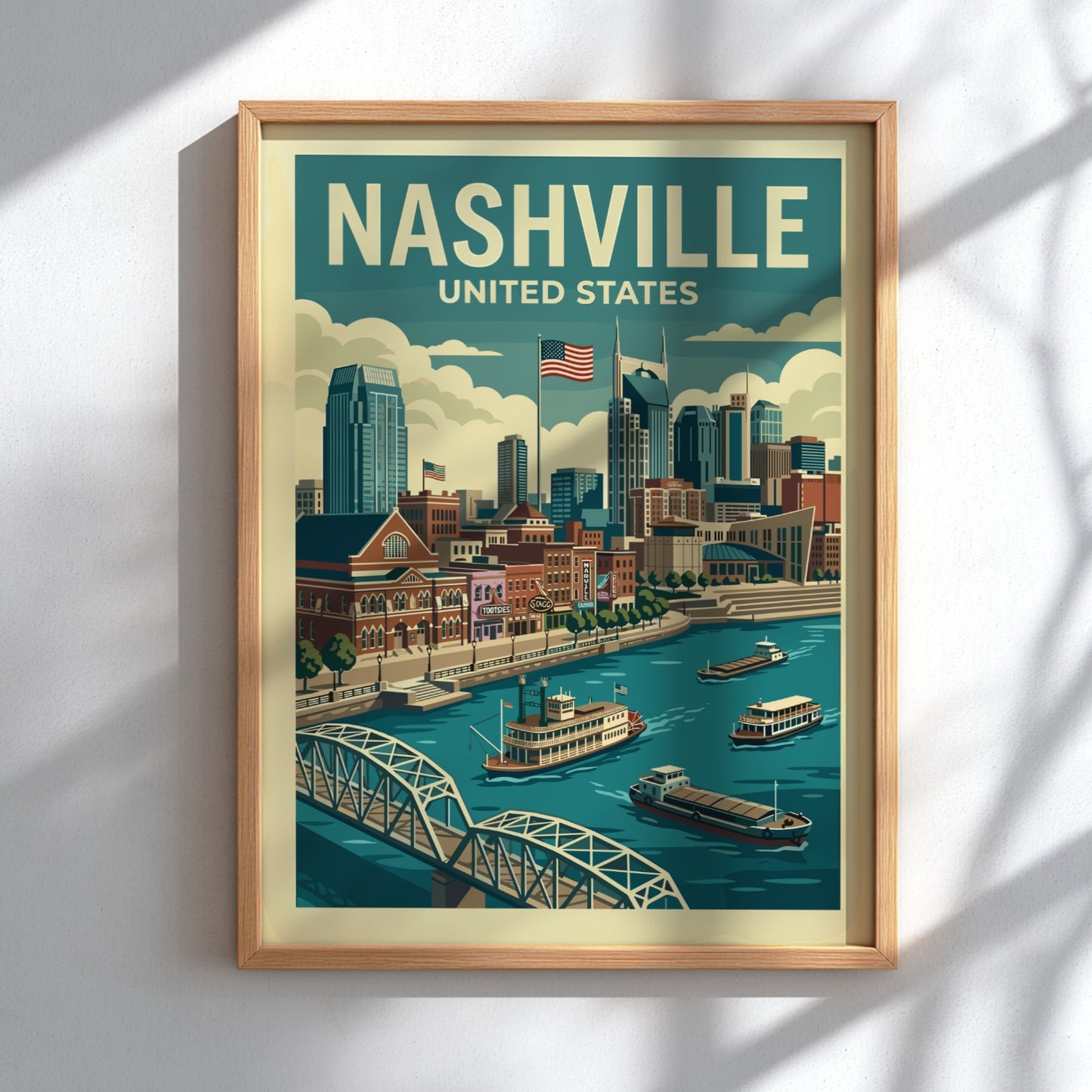 Retro Nashville skyline travel poster featuring a cityscape, river, and boats in a vintage style.
