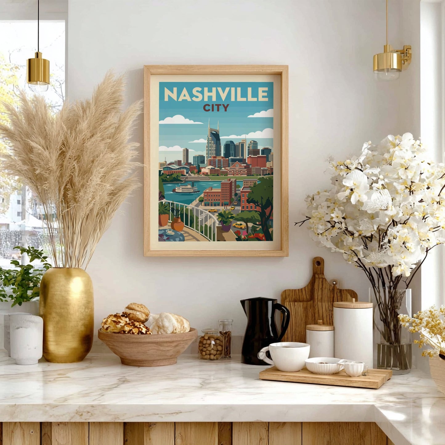Retro Nashville skyline art print with cityscape, river, and paddlewheel boat in muted colors.