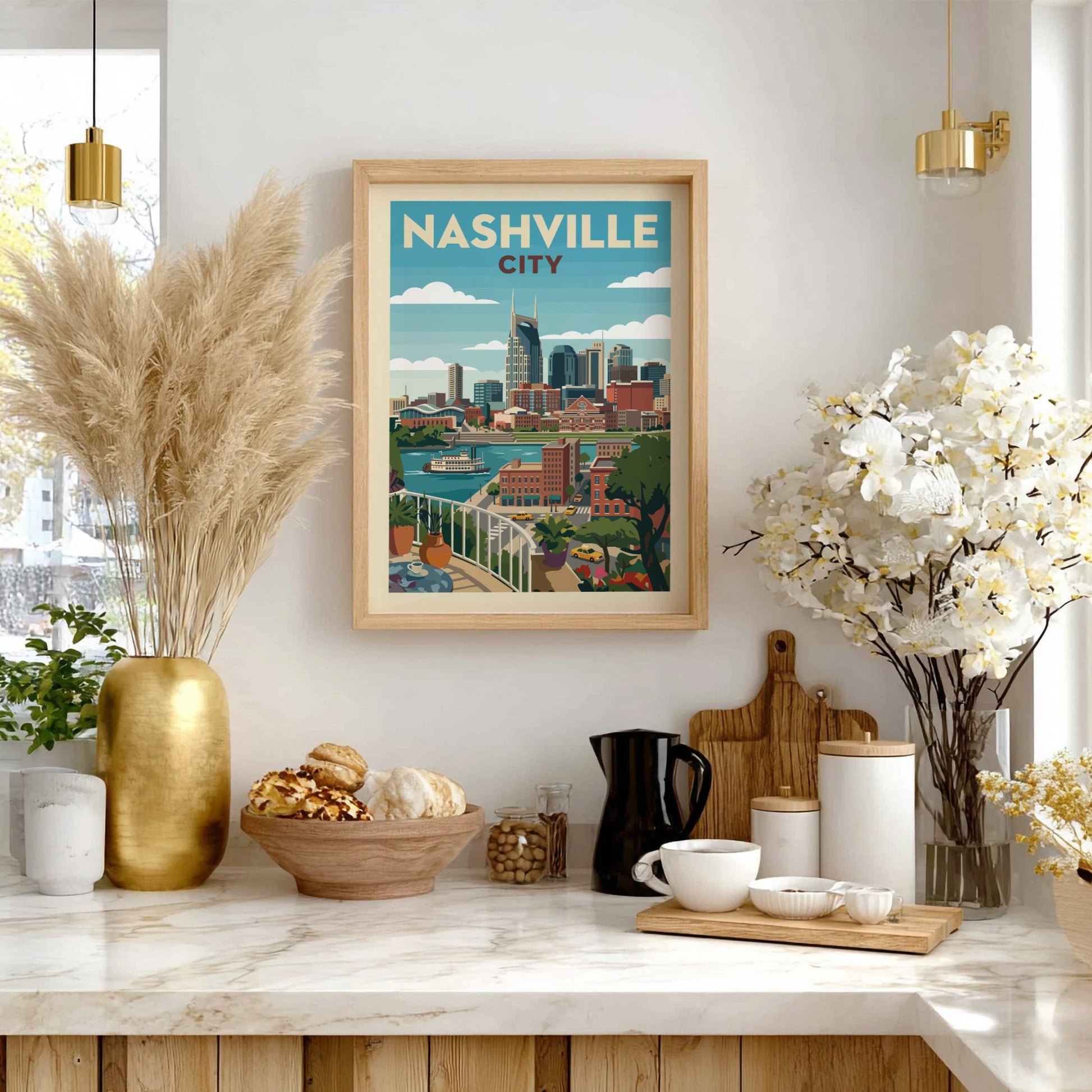 Retro Nashville skyline art print with cityscape, river, and paddlewheel boat in muted colors.
