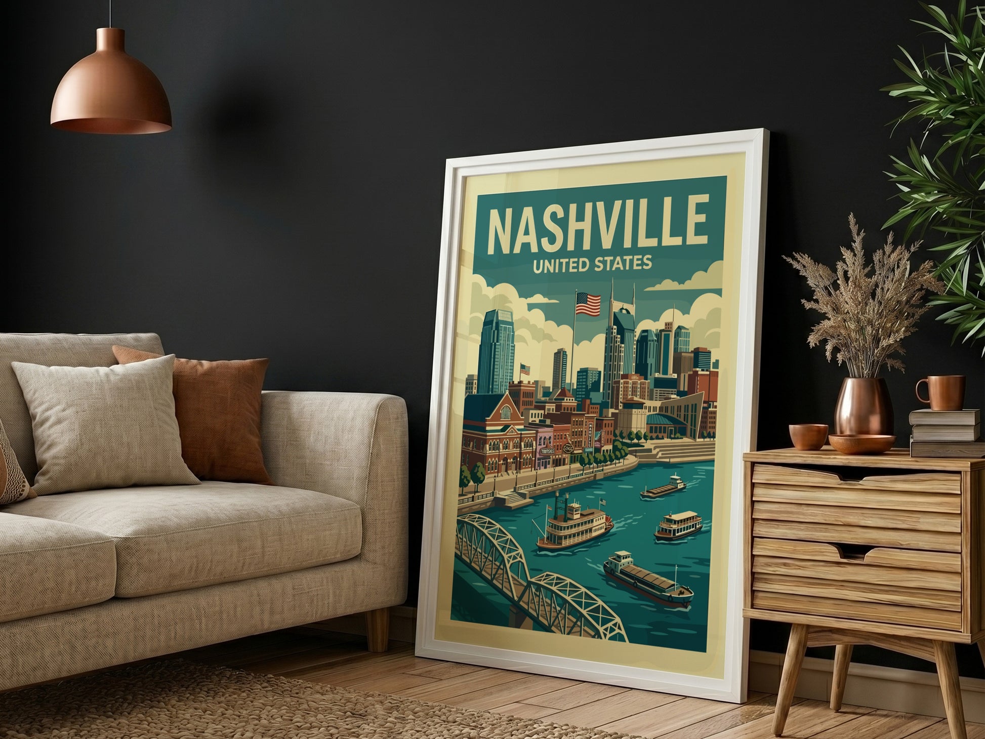 Retro Nashville skyline travel poster featuring a cityscape, river, and boats in a vintage style.