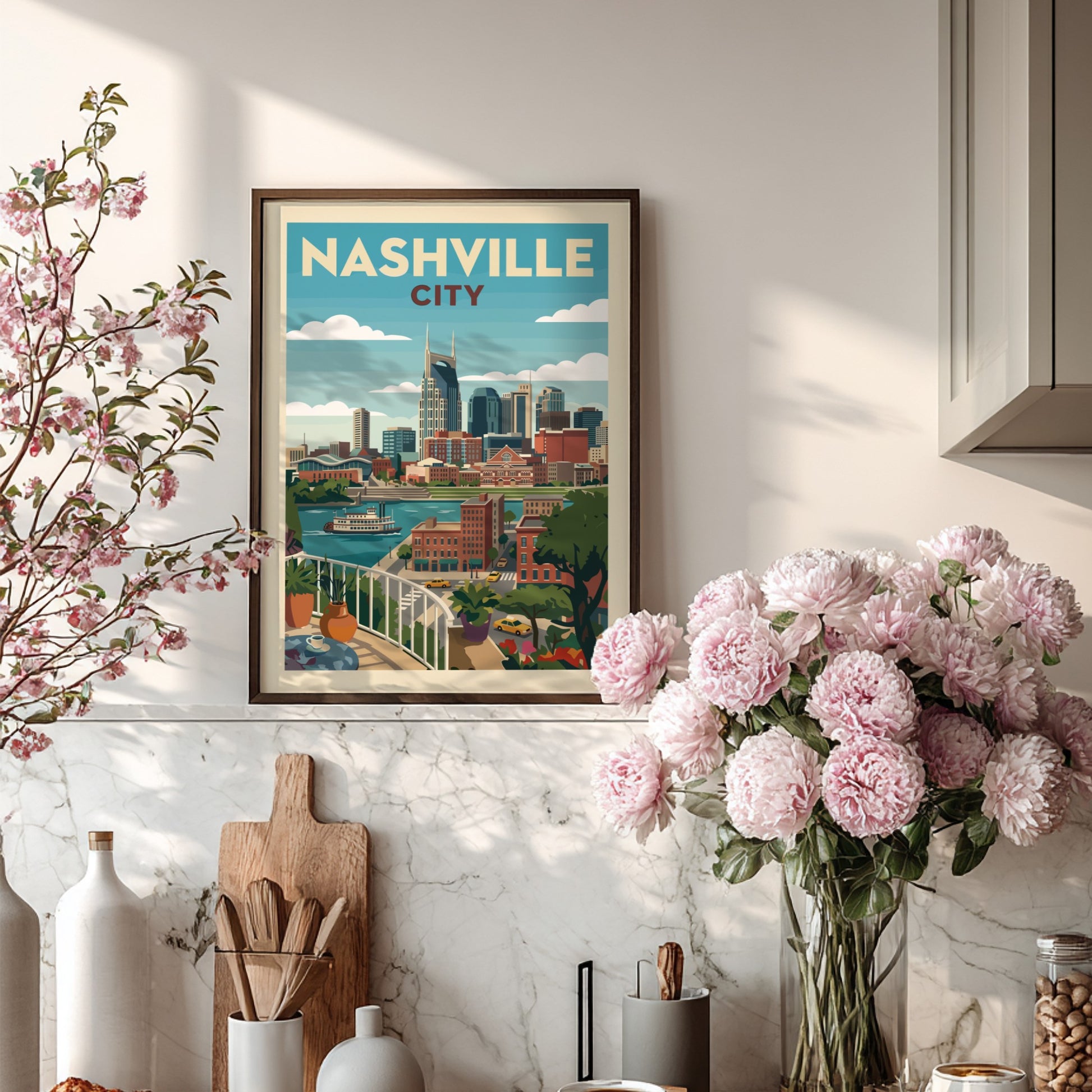 Retro Nashville skyline art print with cityscape, river, and paddlewheel boat in muted colors.