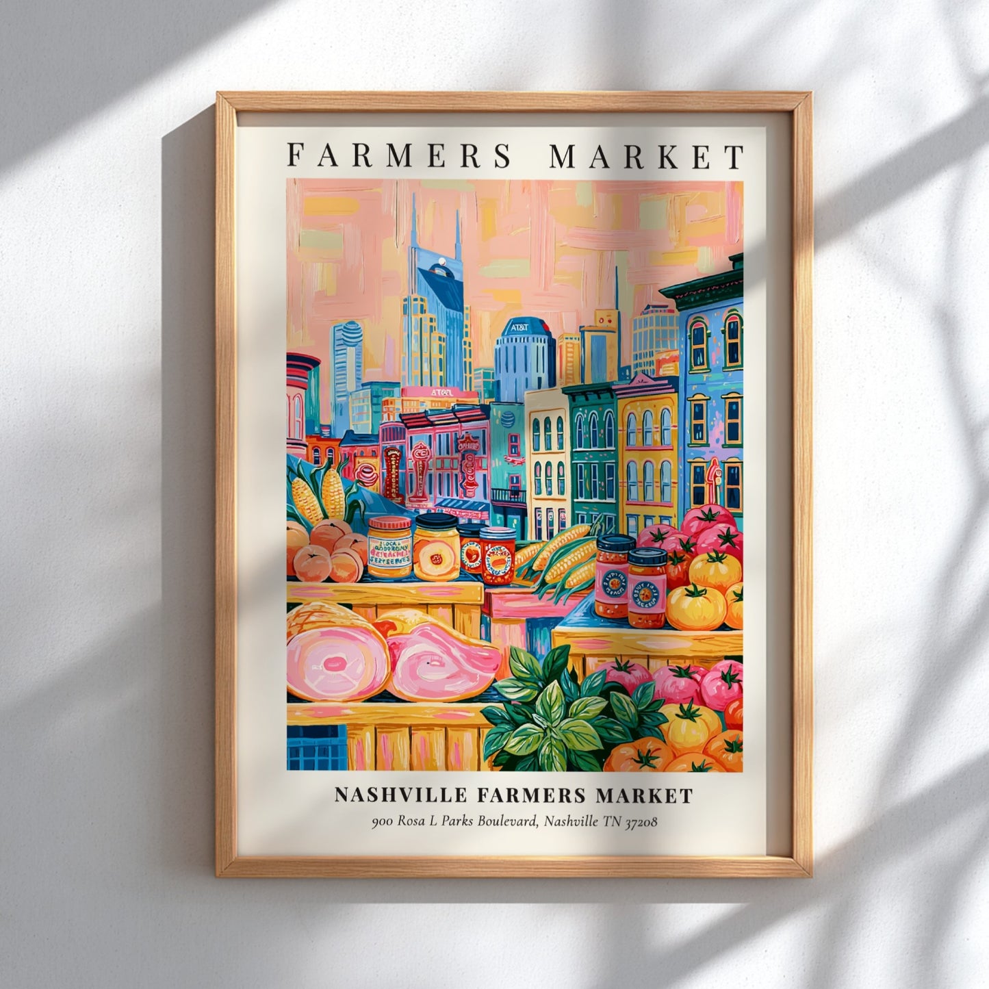 Nashville Farmers Market poster featuring colorful fruits and vegetables with Nashville skyline in the