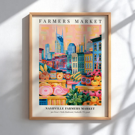 Nashville Farmers Market poster featuring colorful fruits and vegetables with Nashville skyline in the