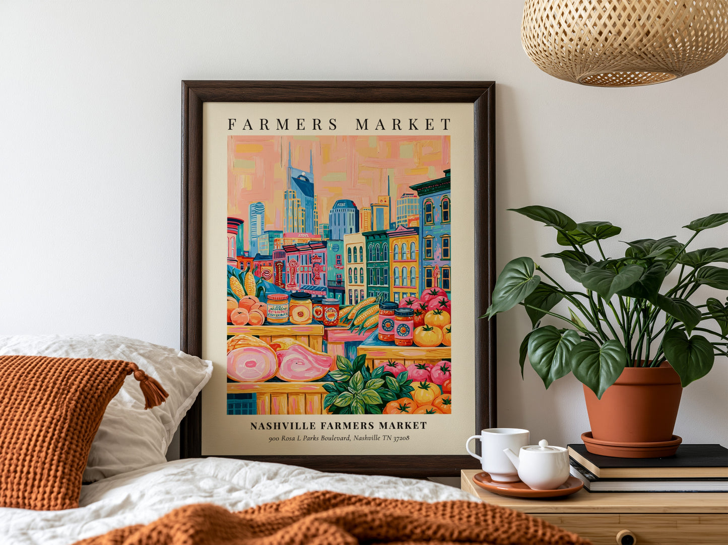 Nashville Farmers Market poster featuring colorful fruits and vegetables with Nashville skyline in the