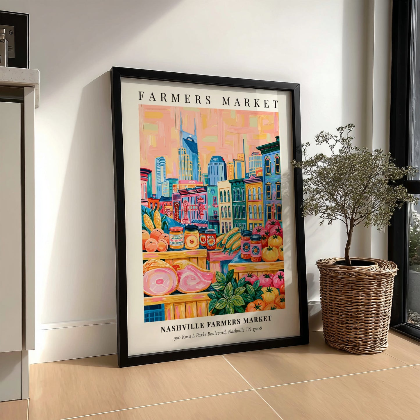 Nashville Farmers Market poster featuring colorful fruits and vegetables with Nashville skyline in the
