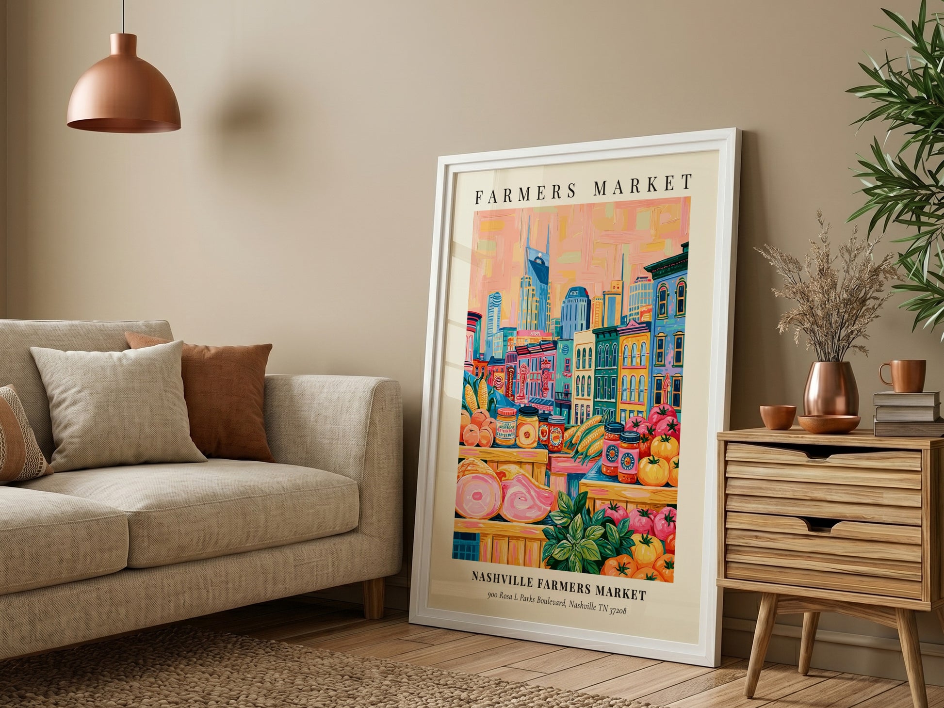 Nashville Farmers Market poster featuring colorful fruits and vegetables with Nashville skyline in the