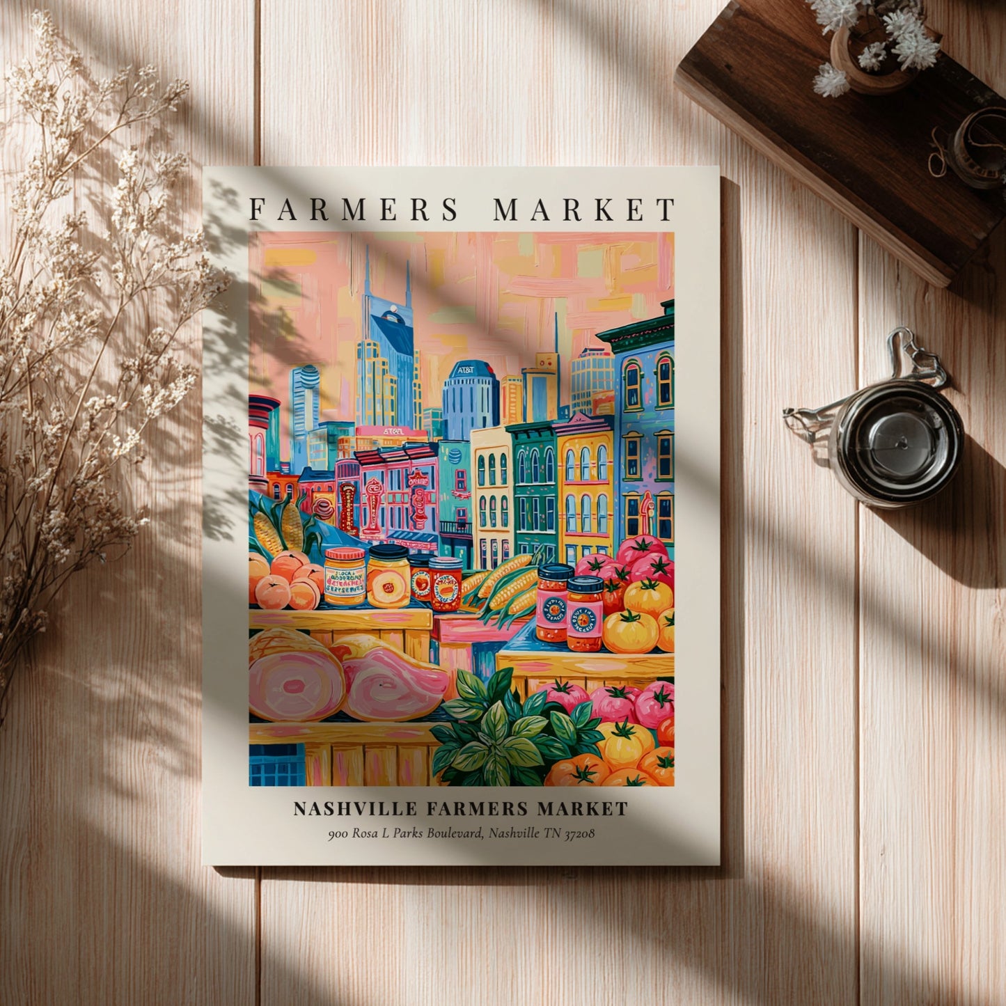 Nashville Farmers Market poster featuring colorful fruits and vegetables with Nashville skyline in the