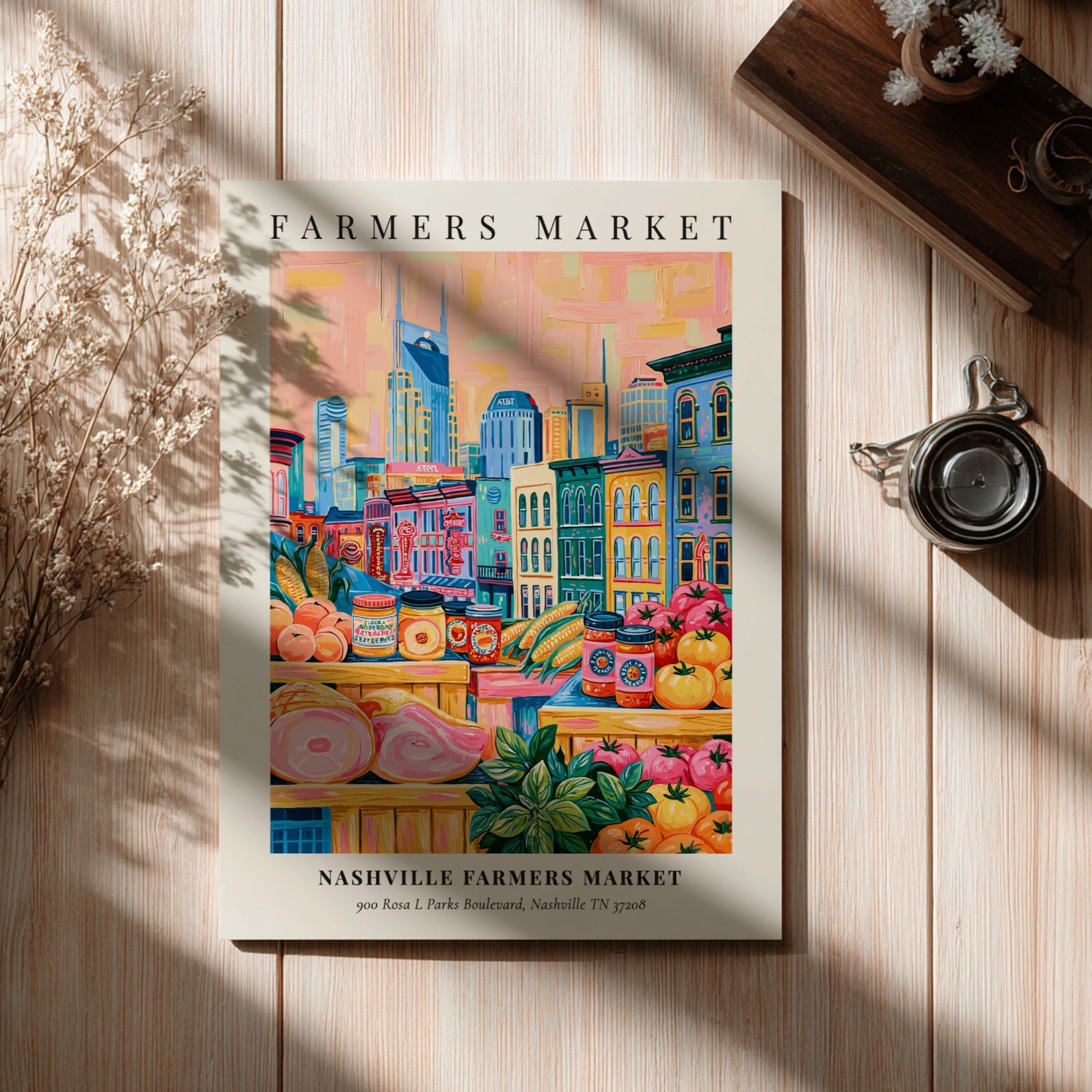 Nashville Farmers Market poster featuring colorful fruits and vegetables with Nashville skyline in the