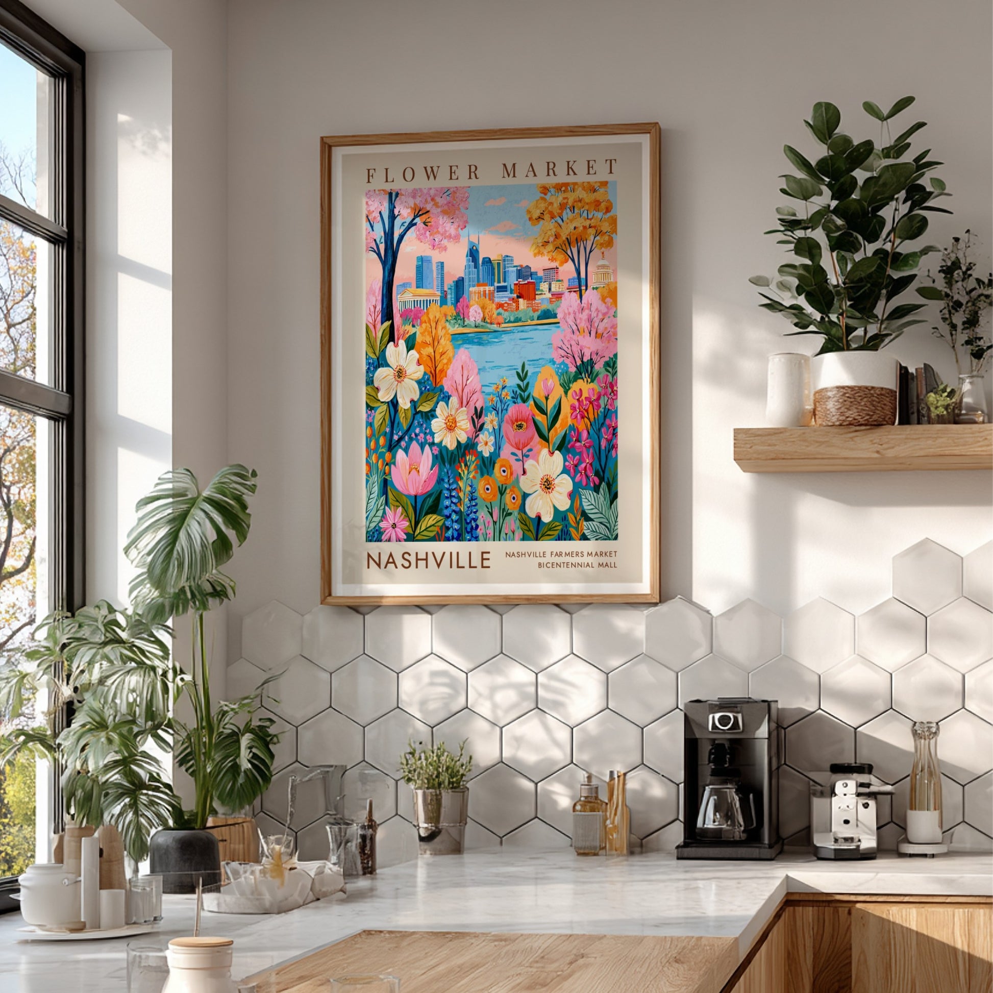 Flower market poster featuring vibrant flowers and Nashville cityscape in bright colors