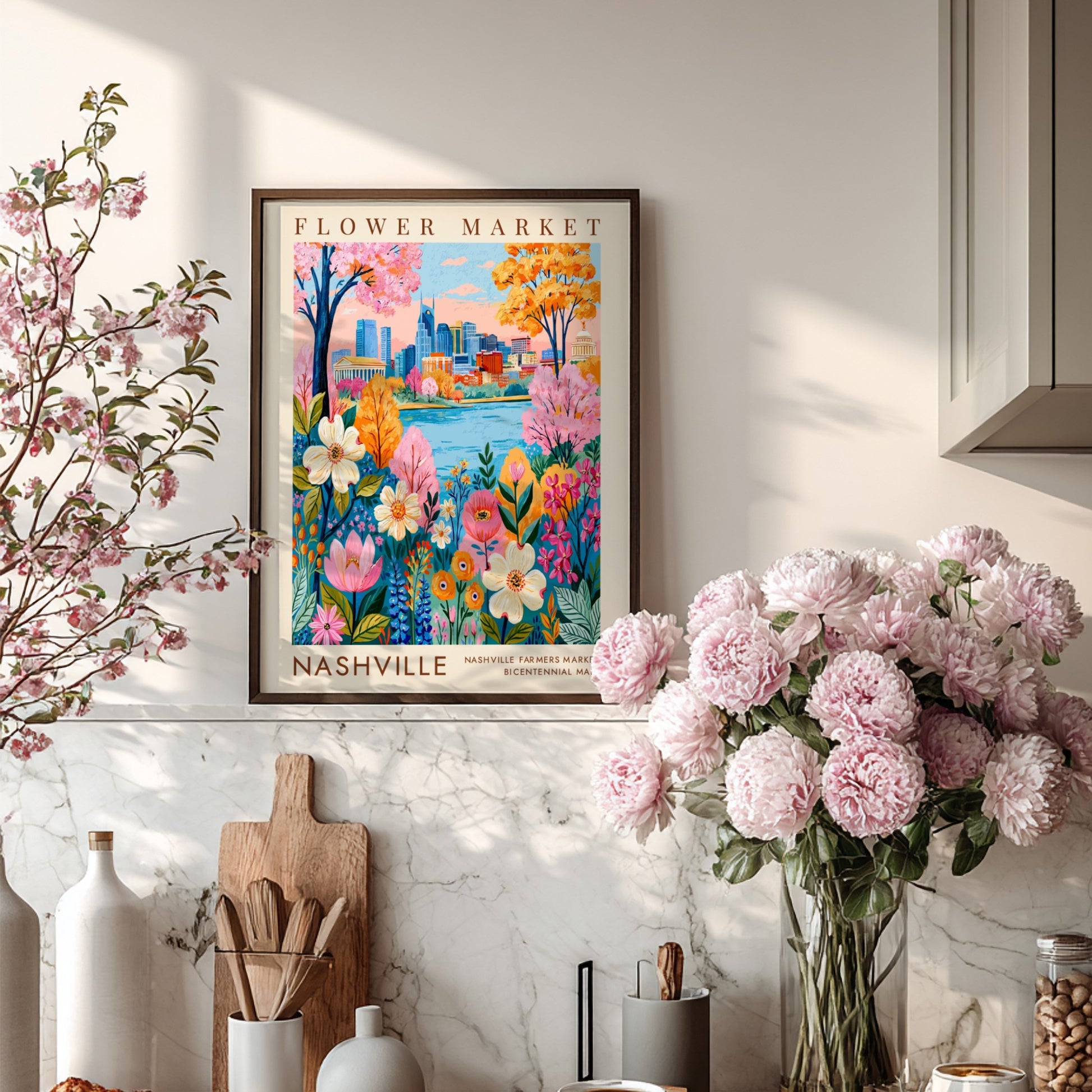 Flower market poster featuring vibrant flowers and Nashville cityscape in bright colors