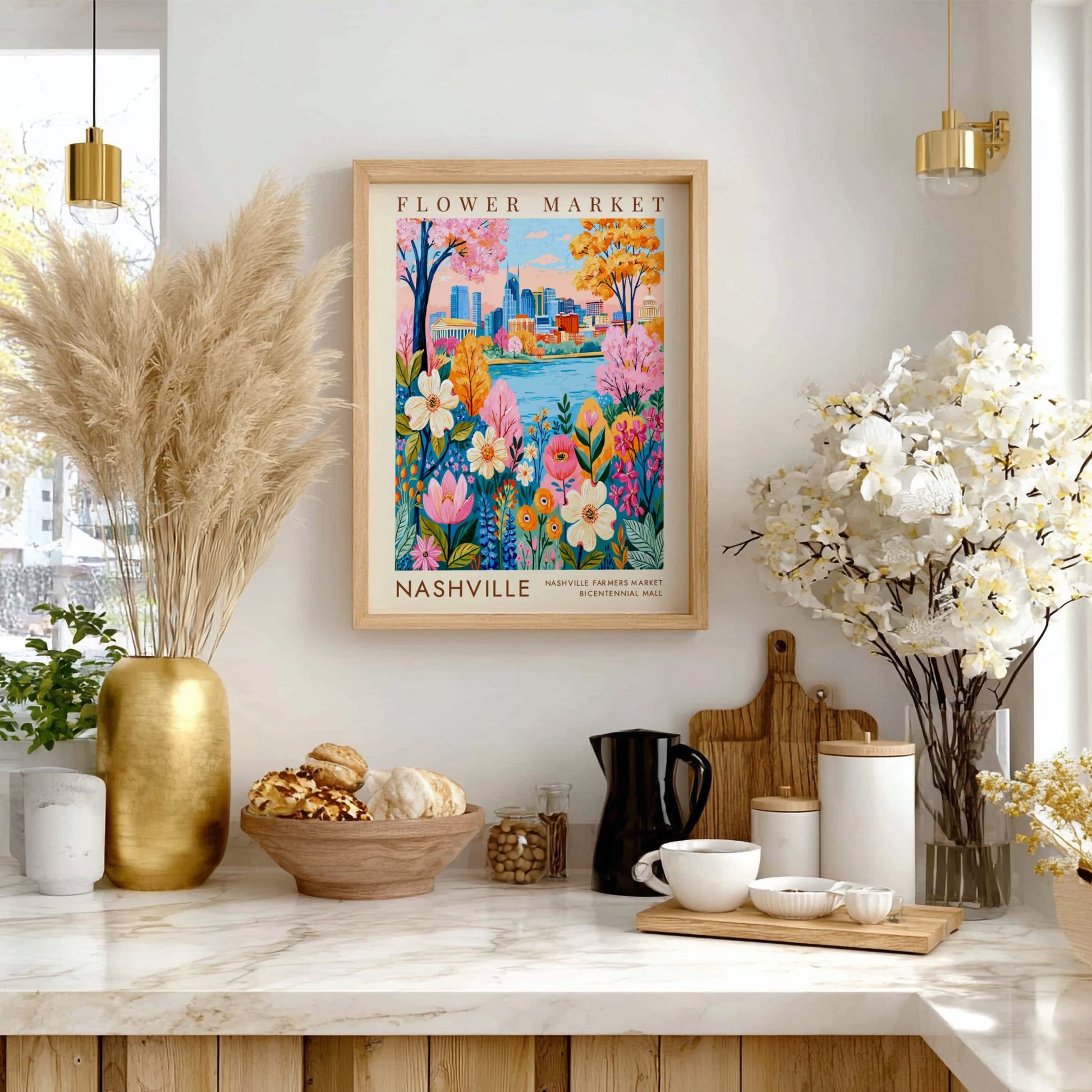 Flower market poster featuring vibrant flowers and Nashville cityscape in bright colors