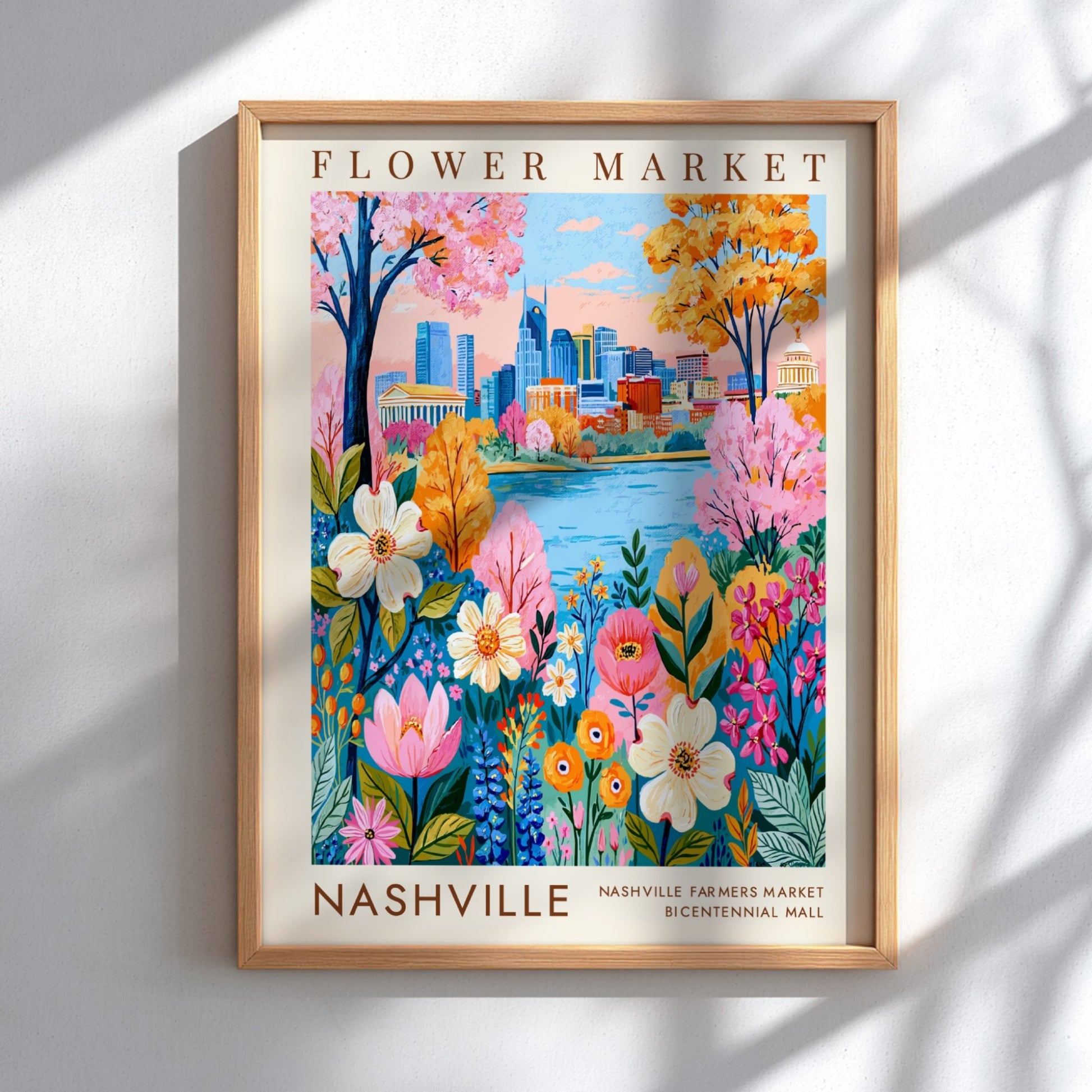 Flower market poster featuring vibrant flowers and Nashville cityscape in bright colors