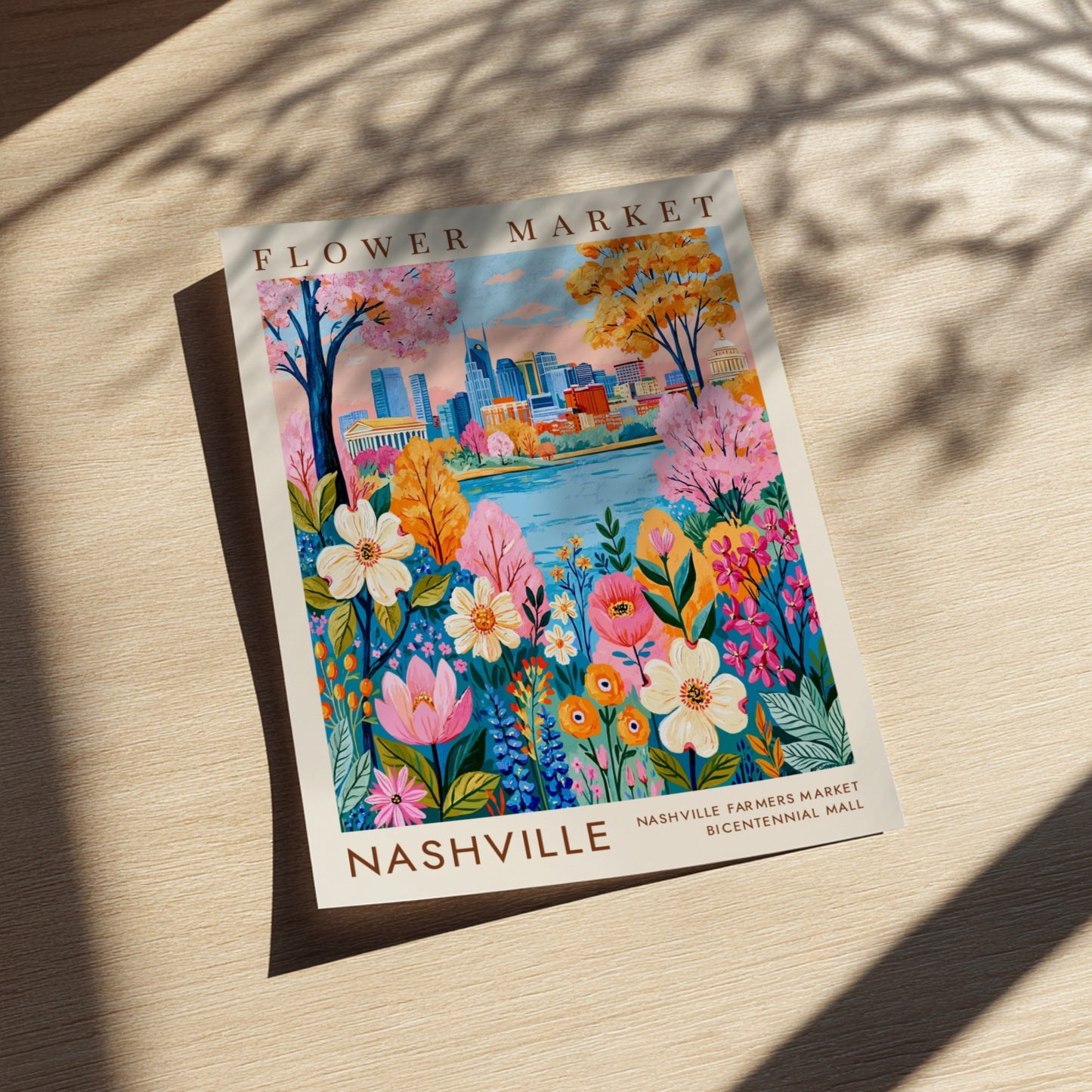 Flower market poster featuring vibrant flowers and Nashville cityscape in bright colors