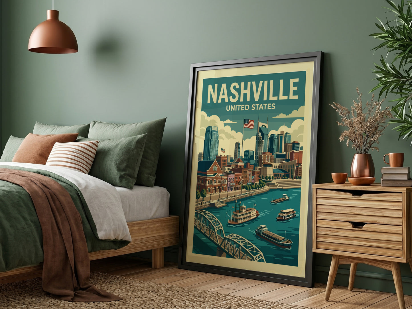 Retro Nashville skyline travel poster featuring a cityscape, river, and boats in a vintage style.