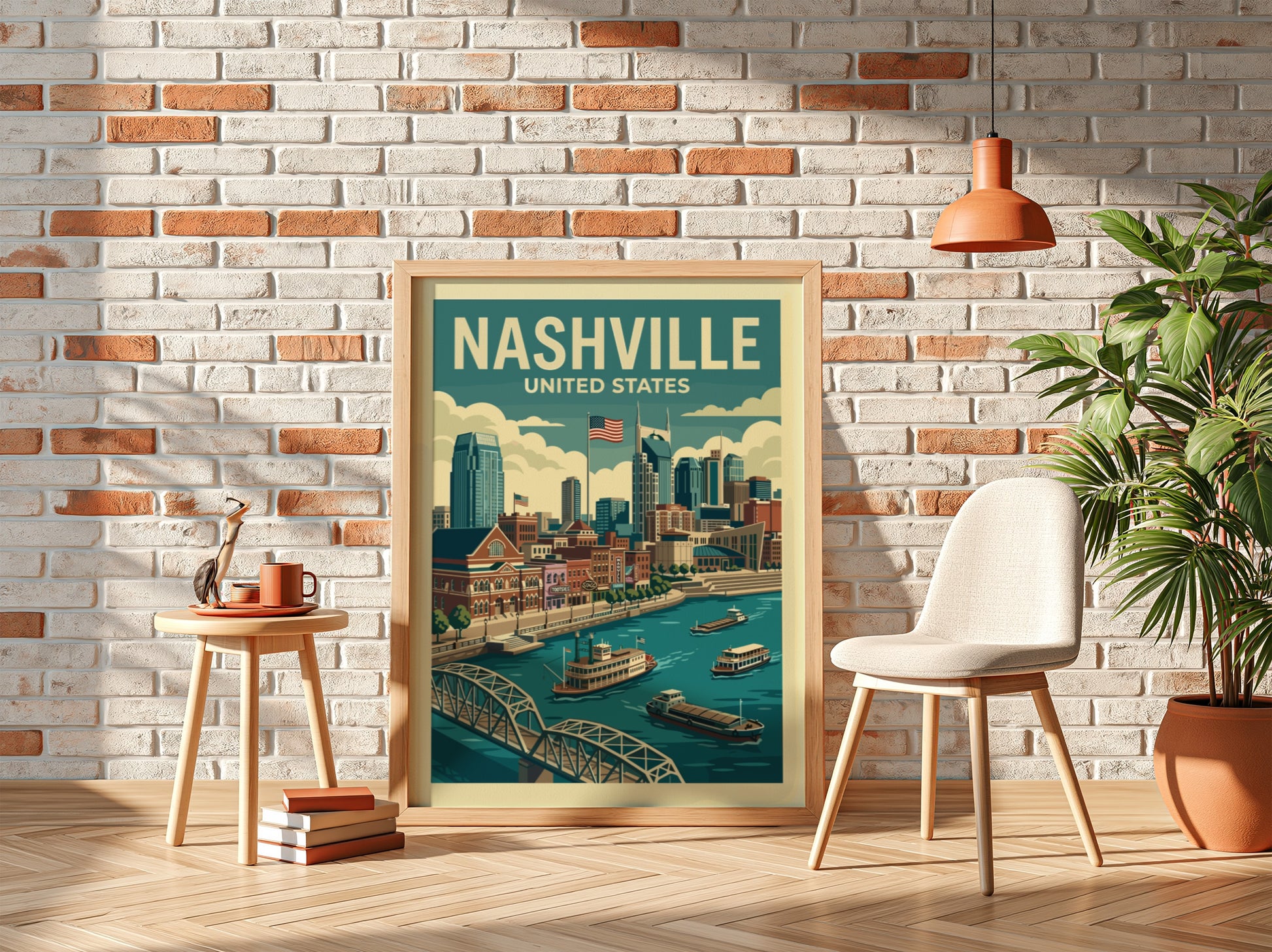Retro Nashville skyline travel poster featuring a cityscape, river, and boats in a vintage style.