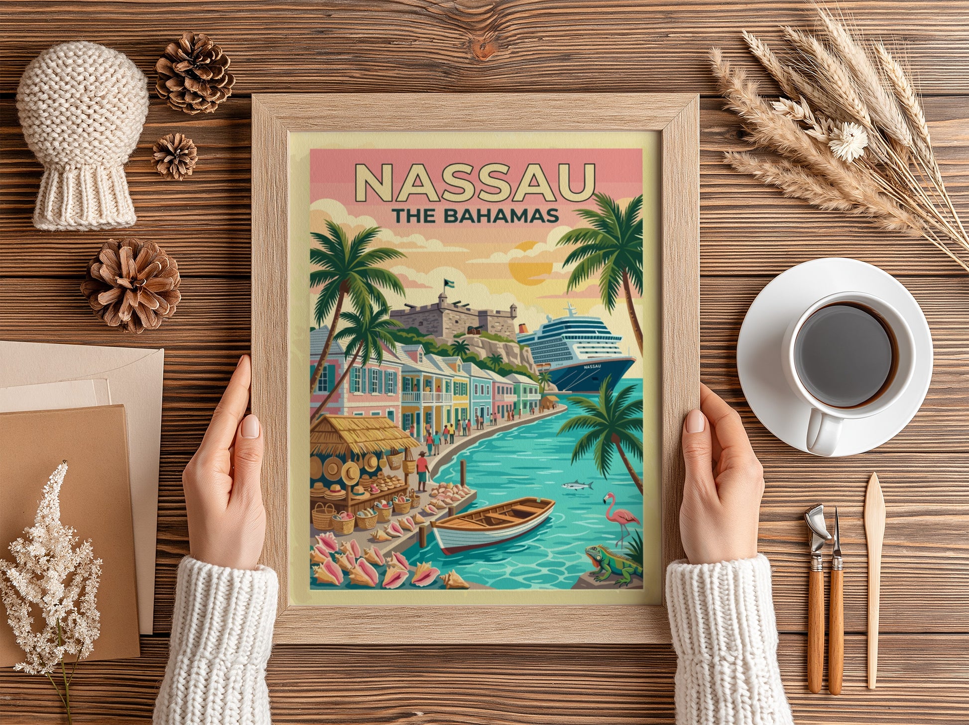 Travel poster of Nassau The Bahamas featuring a historic fort, cruise ship, and palm trees.