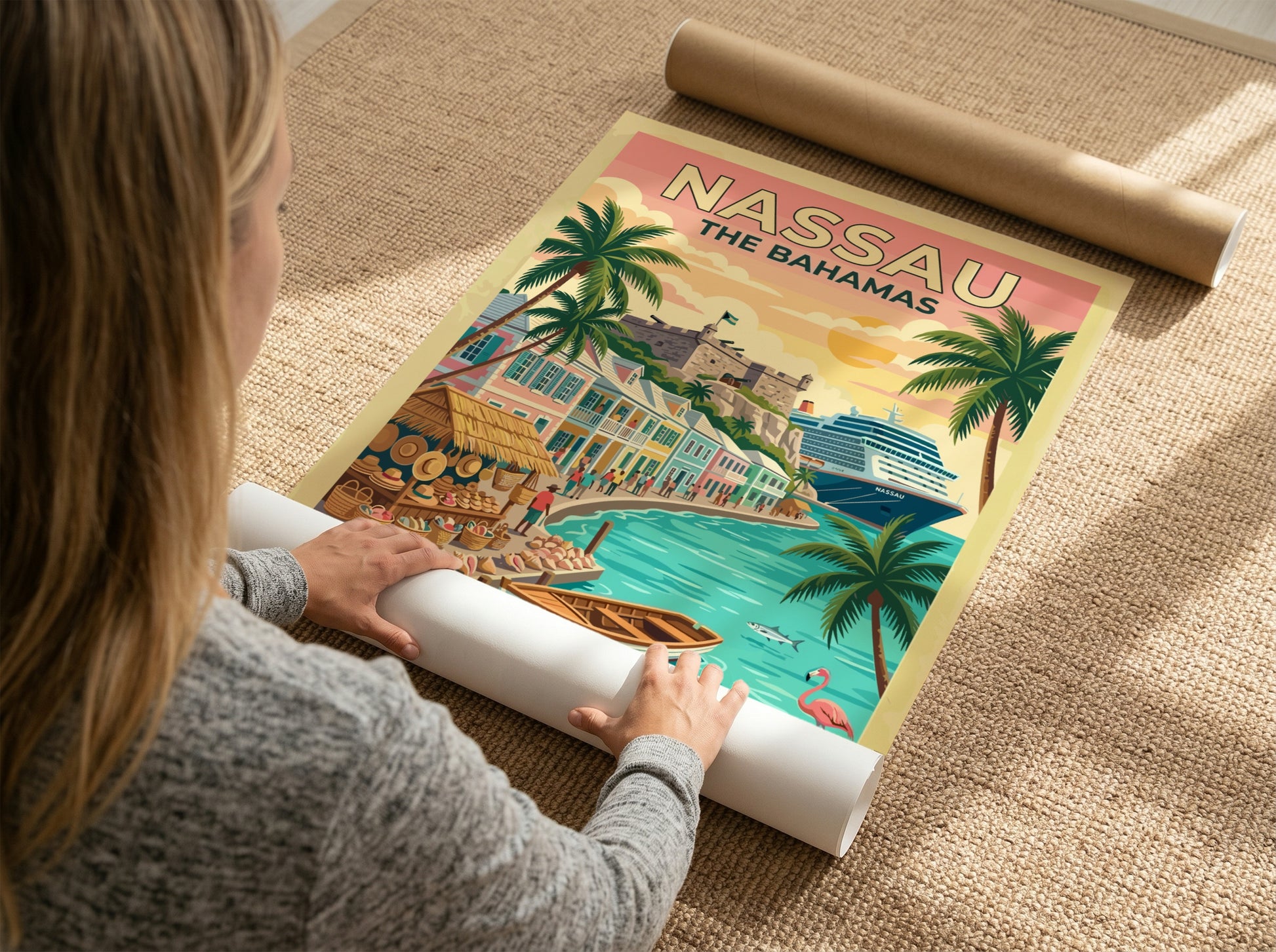 Travel poster of Nassau The Bahamas featuring a historic fort, cruise ship, and palm trees.
