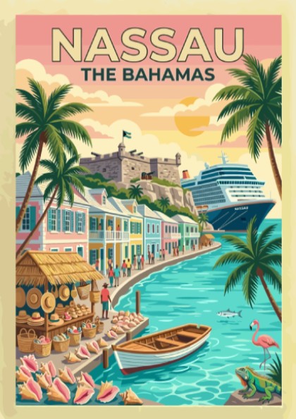 Travel poster of Nassau The Bahamas featuring a historic fort, cruise ship, and palm trees.