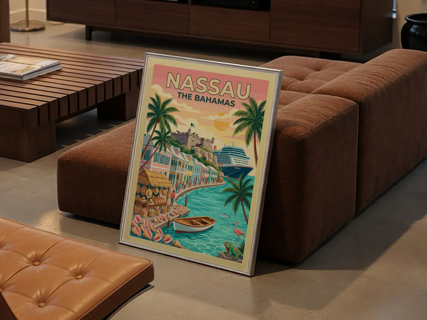 Travel poster of Nassau The Bahamas featuring a historic fort, cruise ship, and palm trees.