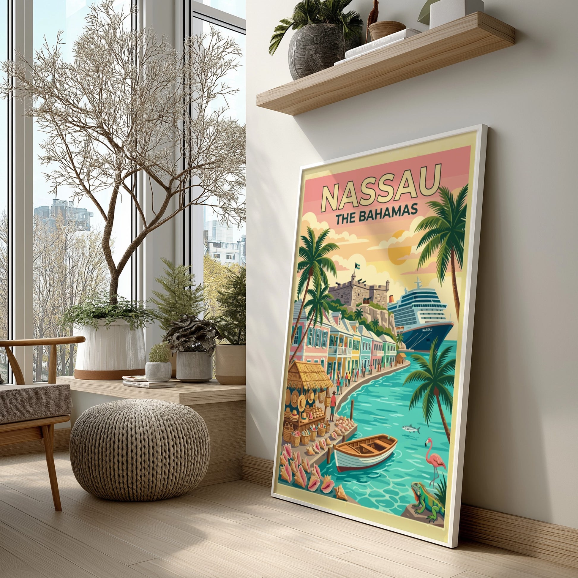 Travel poster of Nassau The Bahamas featuring a historic fort, cruise ship, and palm trees.