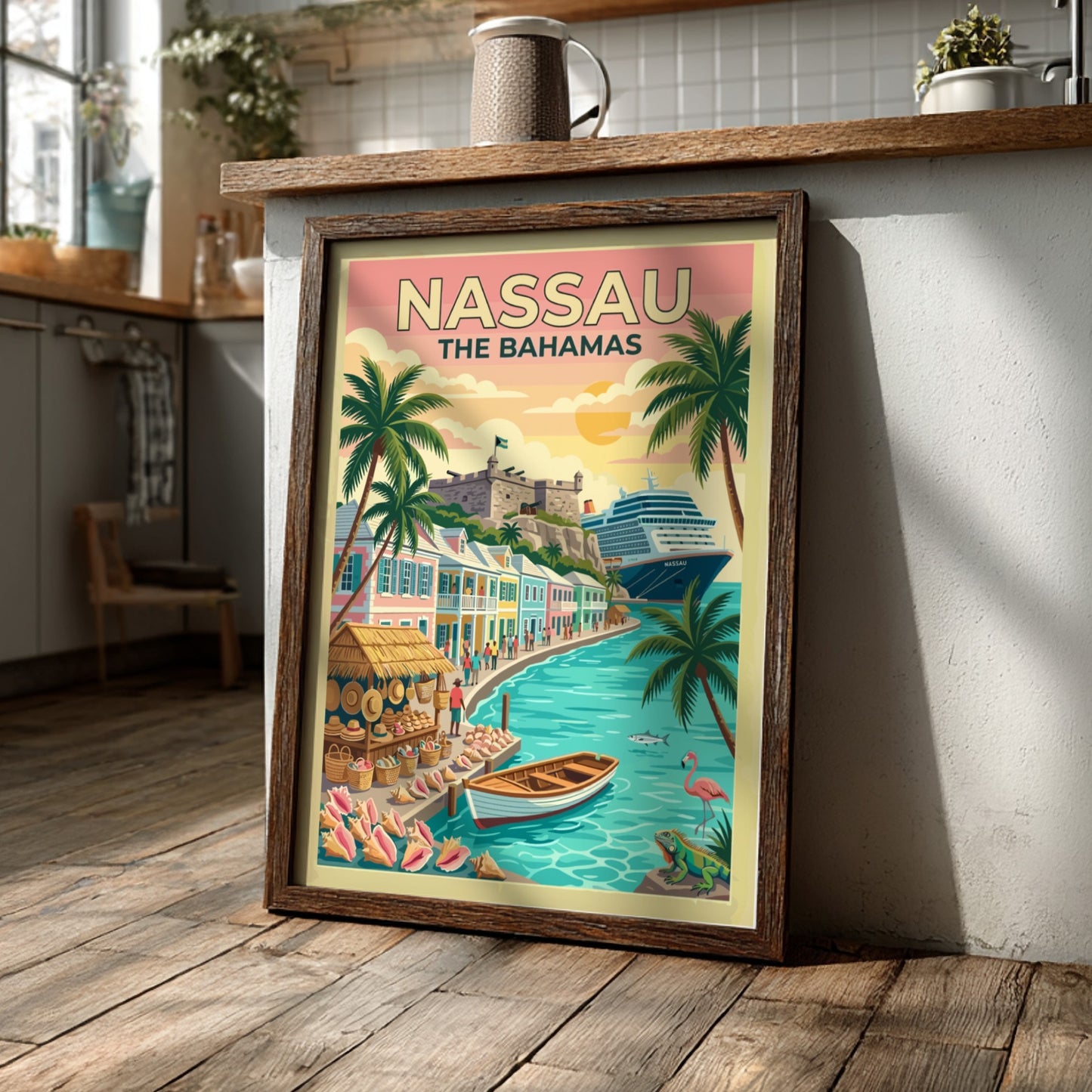 Travel poster of Nassau The Bahamas featuring a historic fort, cruise ship, and palm trees.
