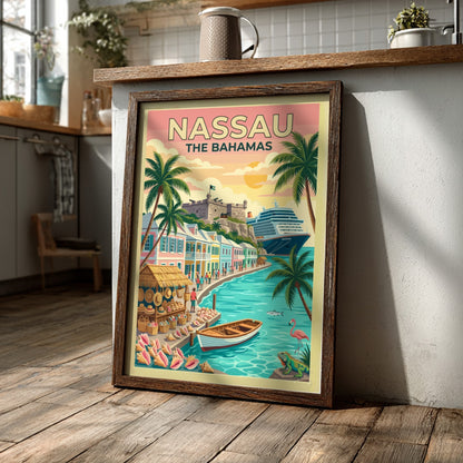 Travel poster of Nassau The Bahamas featuring a historic fort, cruise ship, and palm trees.