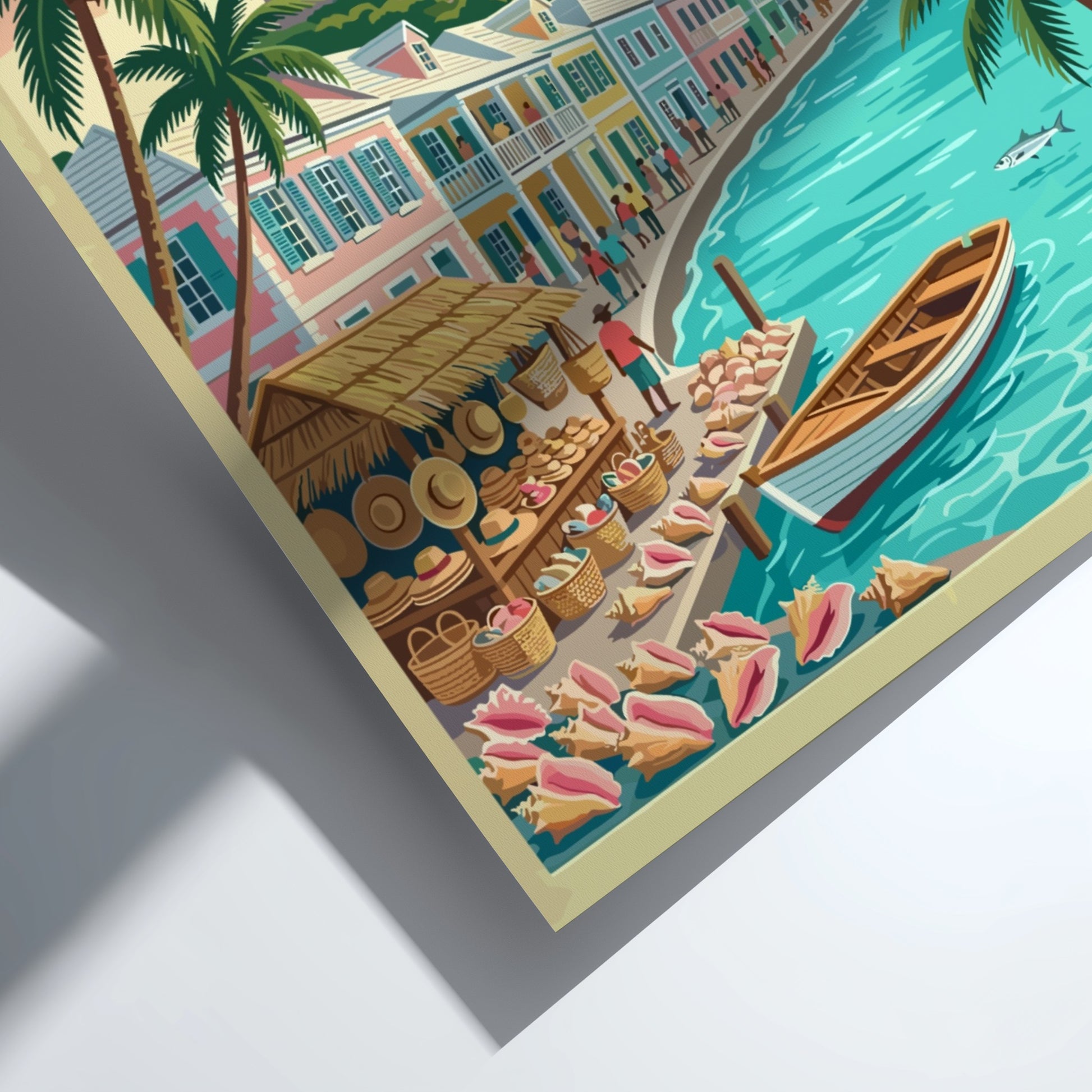 Travel poster of Nassau The Bahamas featuring a historic fort, cruise ship, and palm trees.