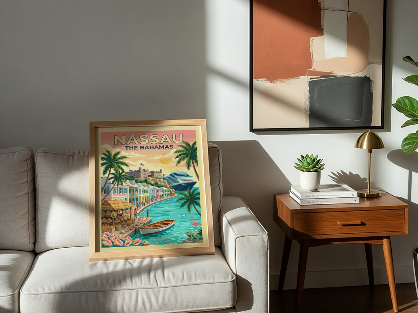 Travel poster of Nassau The Bahamas featuring a historic fort, cruise ship, and palm trees.
