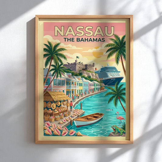 Travel poster of Nassau The Bahamas featuring a historic fort, cruise ship, and palm trees.