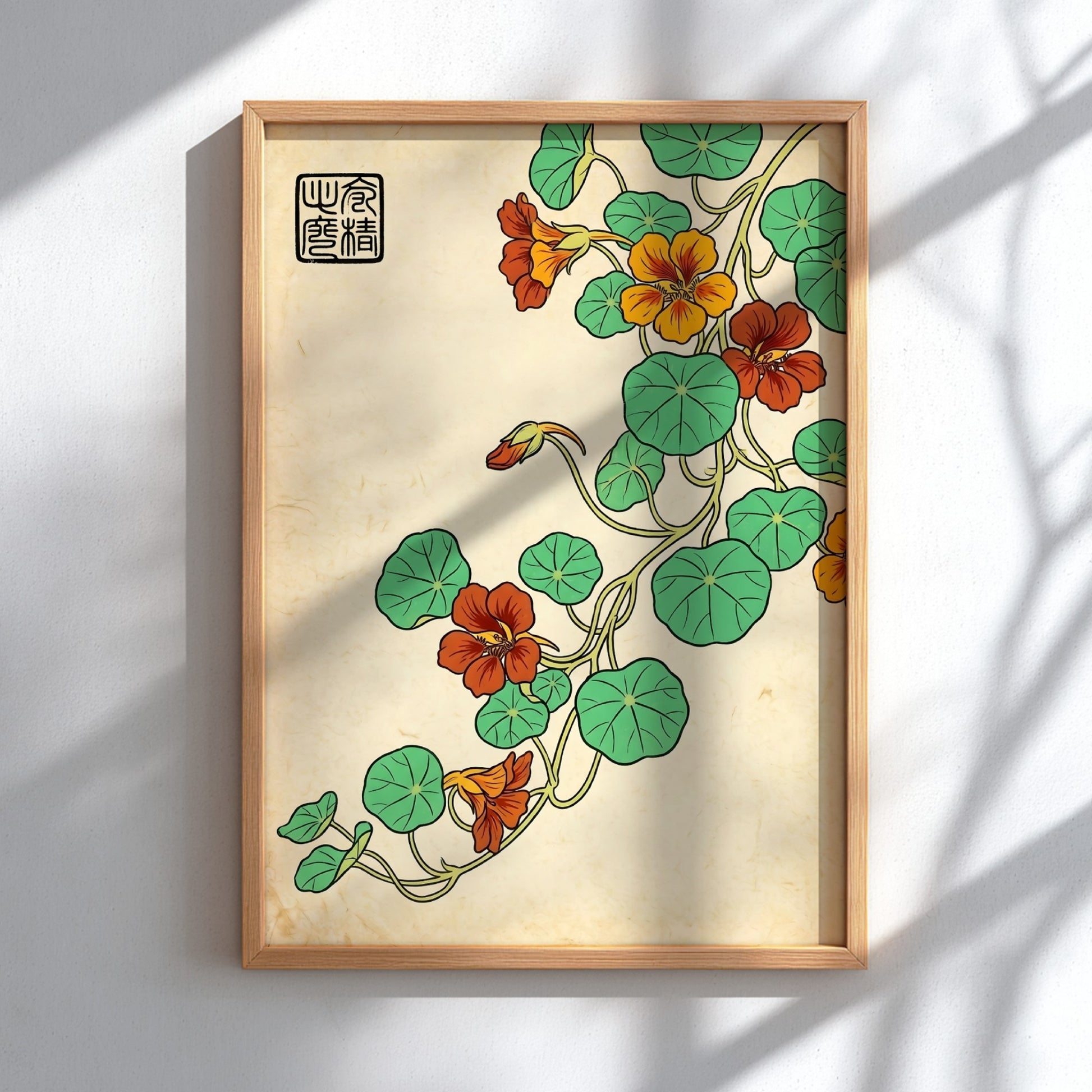 Nasturtium Orange Vine Poster showcasing vibrant orange flowers and green leaves in Japanese art style
