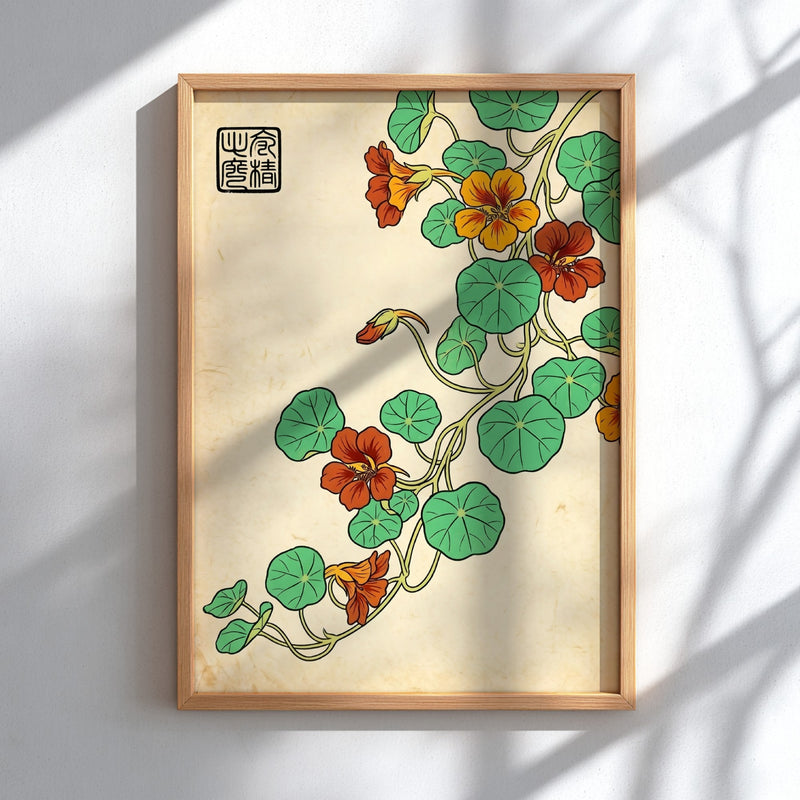 Nasturtium Orange Vine Poster showcasing vibrant orange flowers and green leaves in Japanese art style