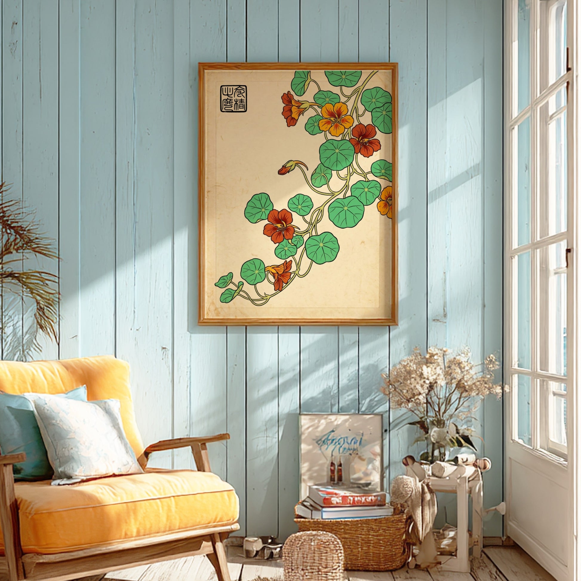 Nasturtium Orange Vine Poster showcasing vibrant orange flowers and green leaves in Japanese art style