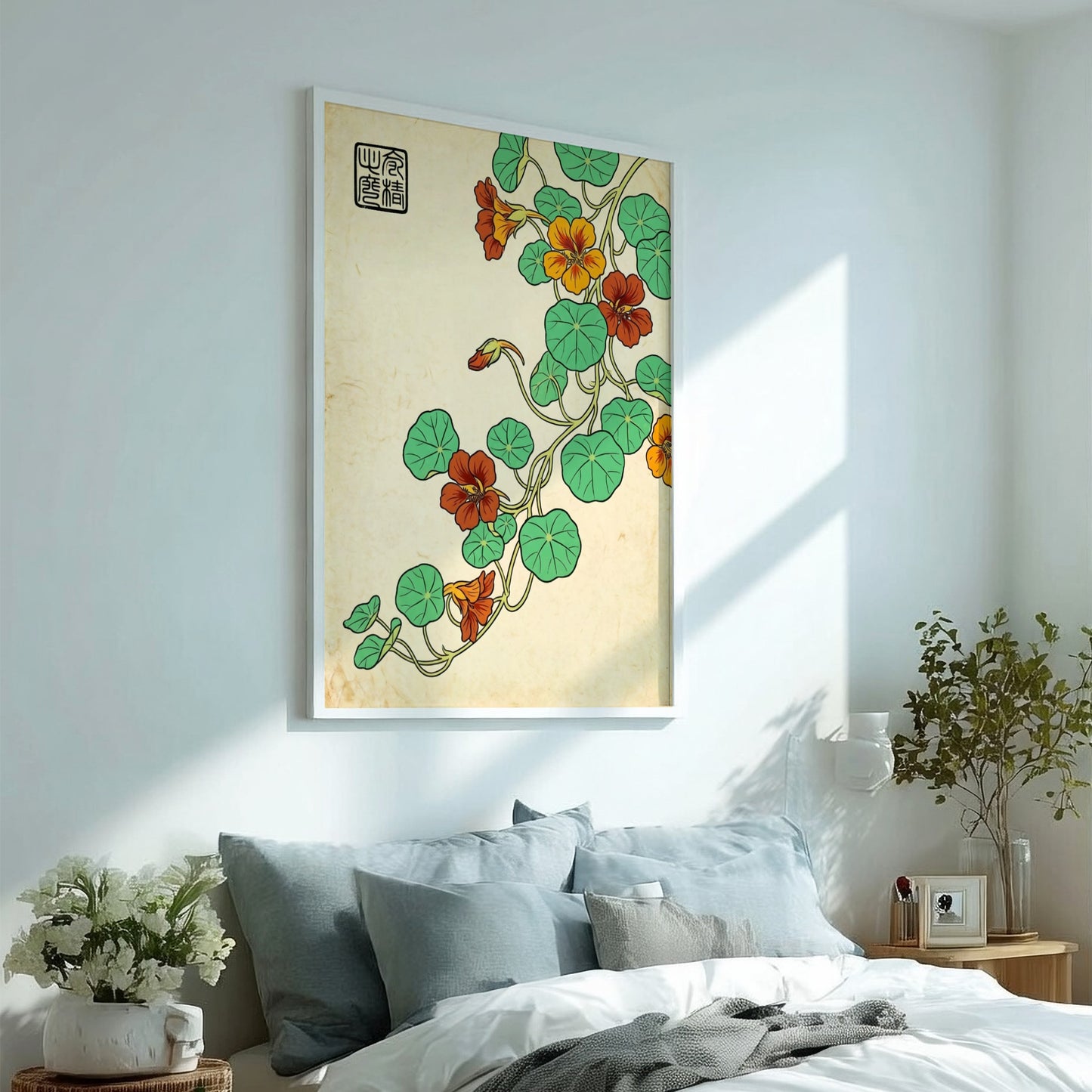 Nasturtium Orange Vine Poster showcasing vibrant orange flowers and green leaves in Japanese art style