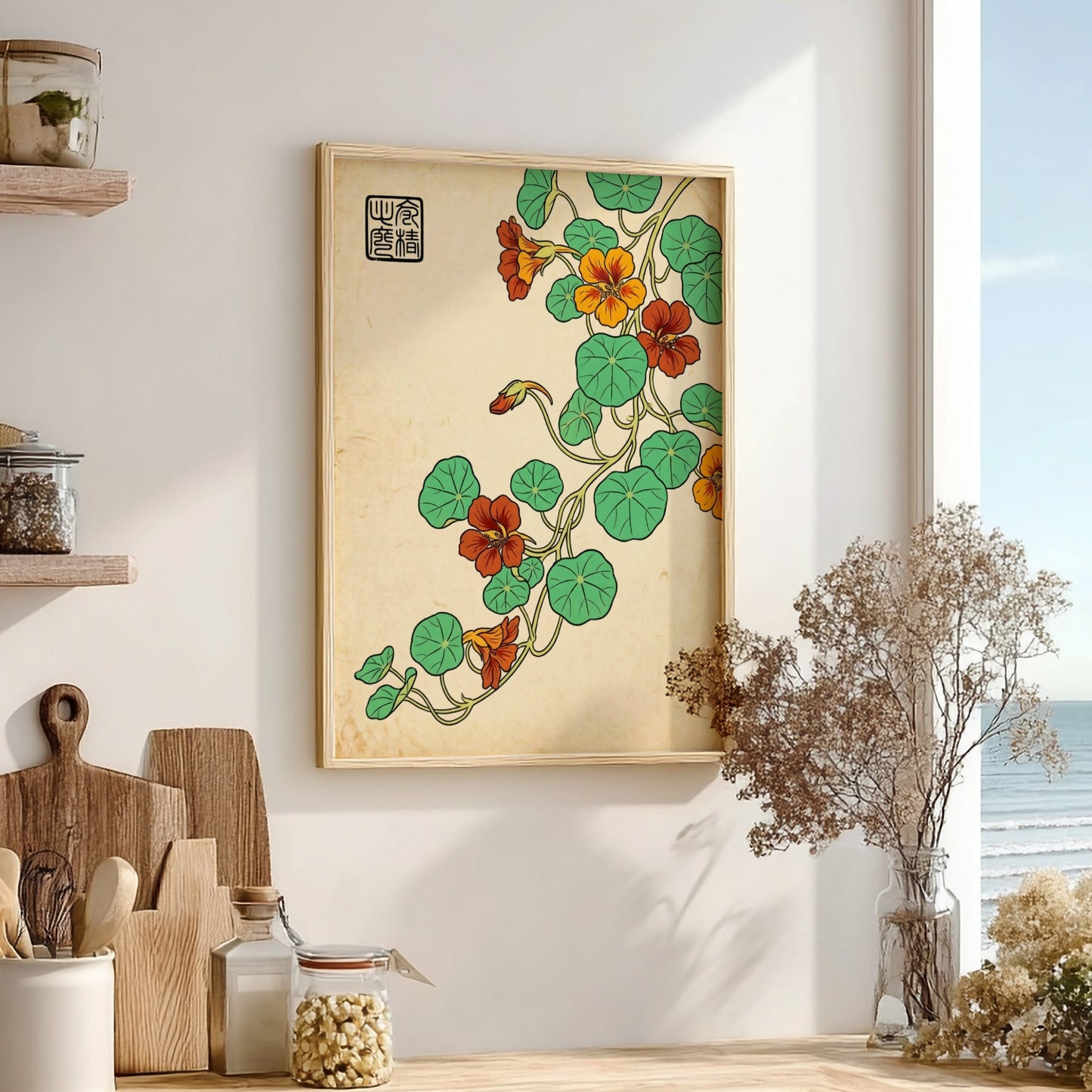 Nasturtium Orange Vine Poster showcasing vibrant orange flowers and green leaves in Japanese art style