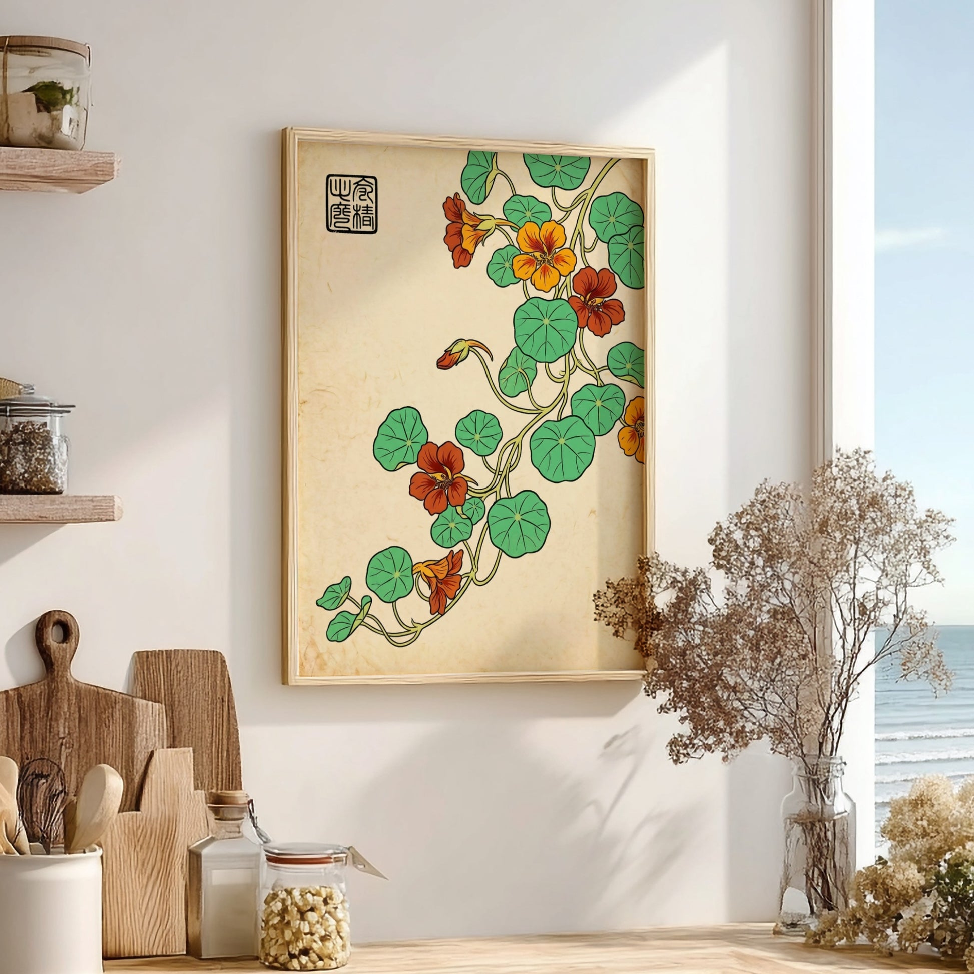 Nasturtium Orange Vine Poster showcasing vibrant orange flowers and green leaves in Japanese art style