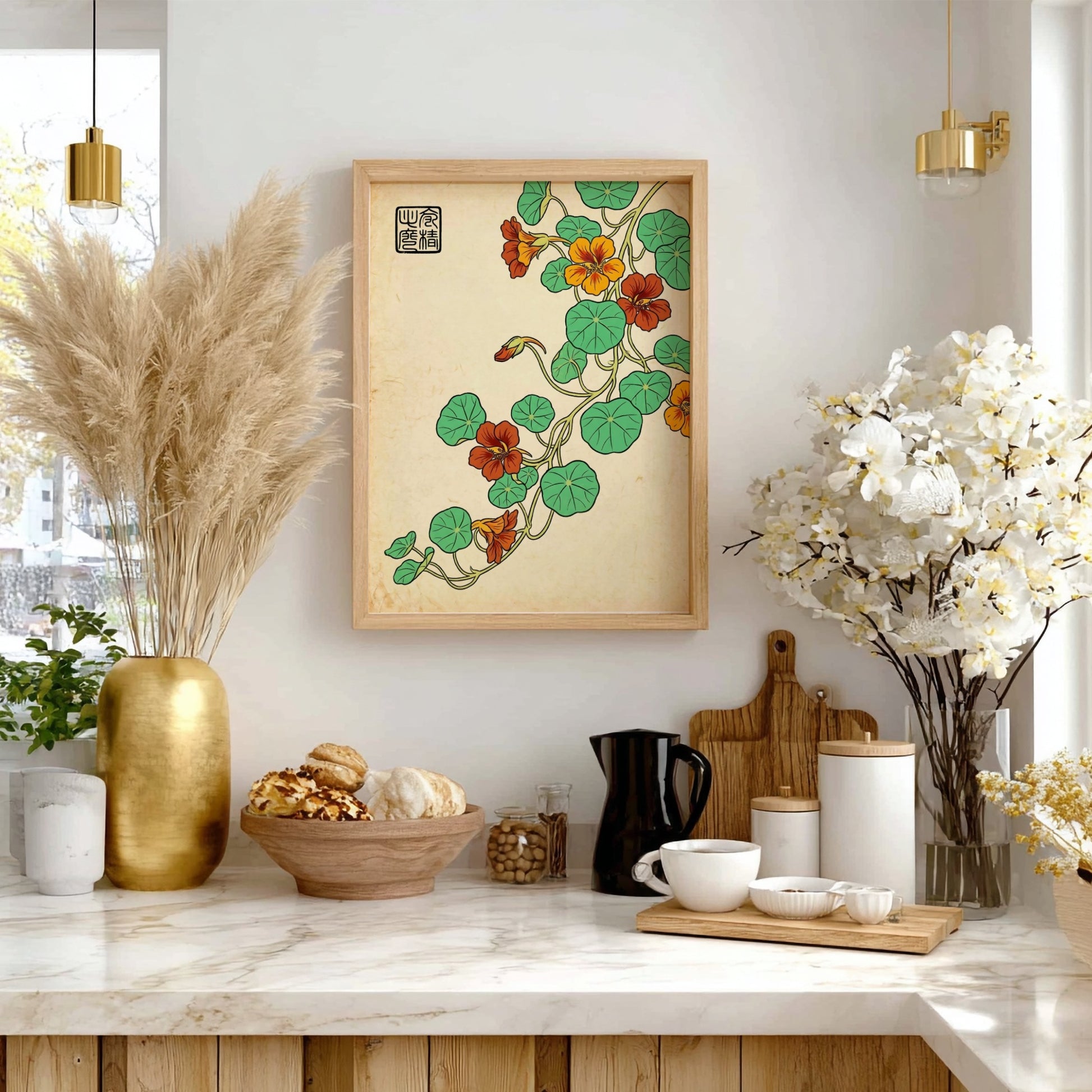 Nasturtium Orange Vine Poster showcasing vibrant orange flowers and green leaves in Japanese art style
