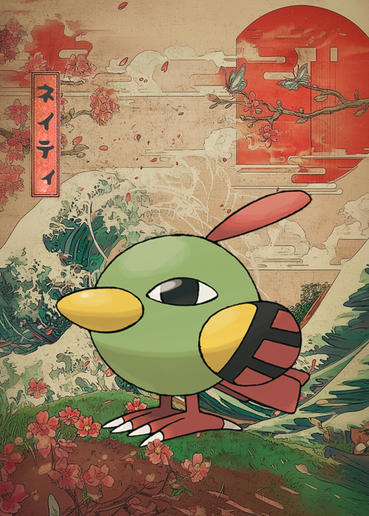 Natu Pokemon in a stylized Japanese landscape.