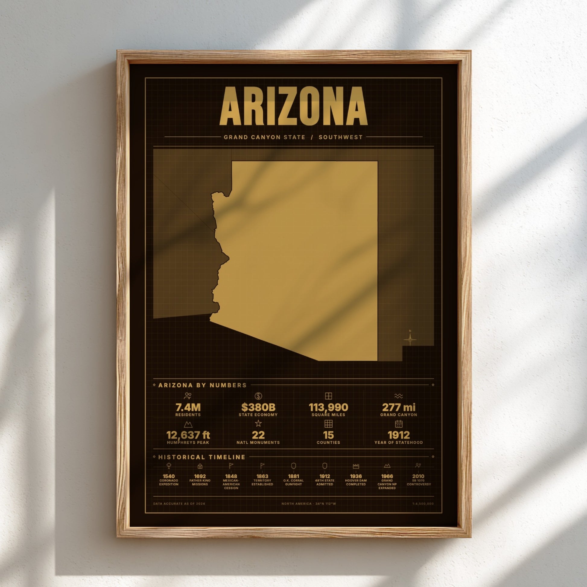 Framed poster of Arizona with gold and black design on a white wall.