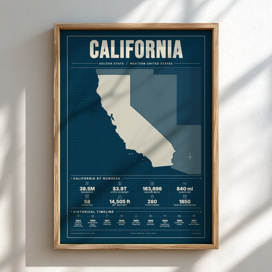 Framed map of California on a white wall with sunlight casting shadows.