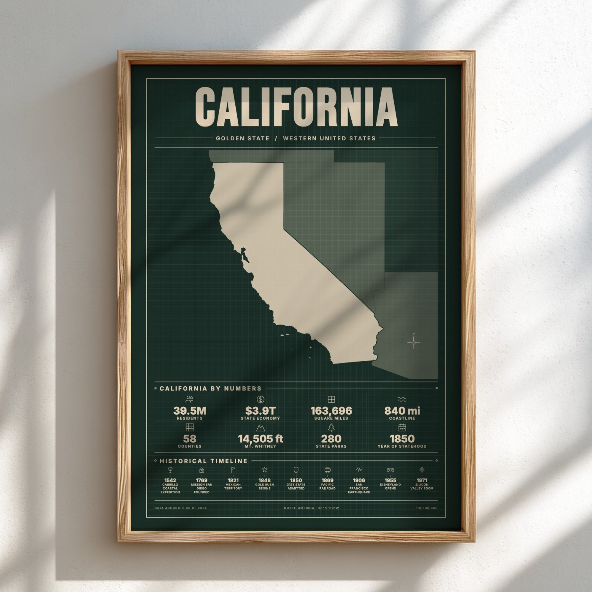 Framed map of California on a wall with sunlight casting shadows.