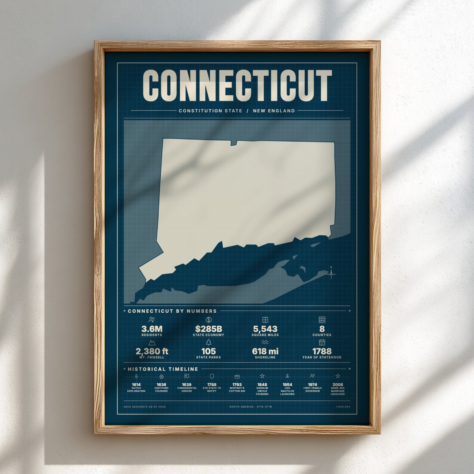 Framed map of Connecticut on a white wall