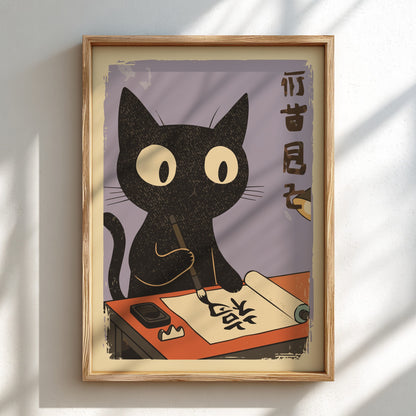A framed art print featuring a black cat with large white eyes writing on a scroll, displayed on a light wall with soft window shadows.