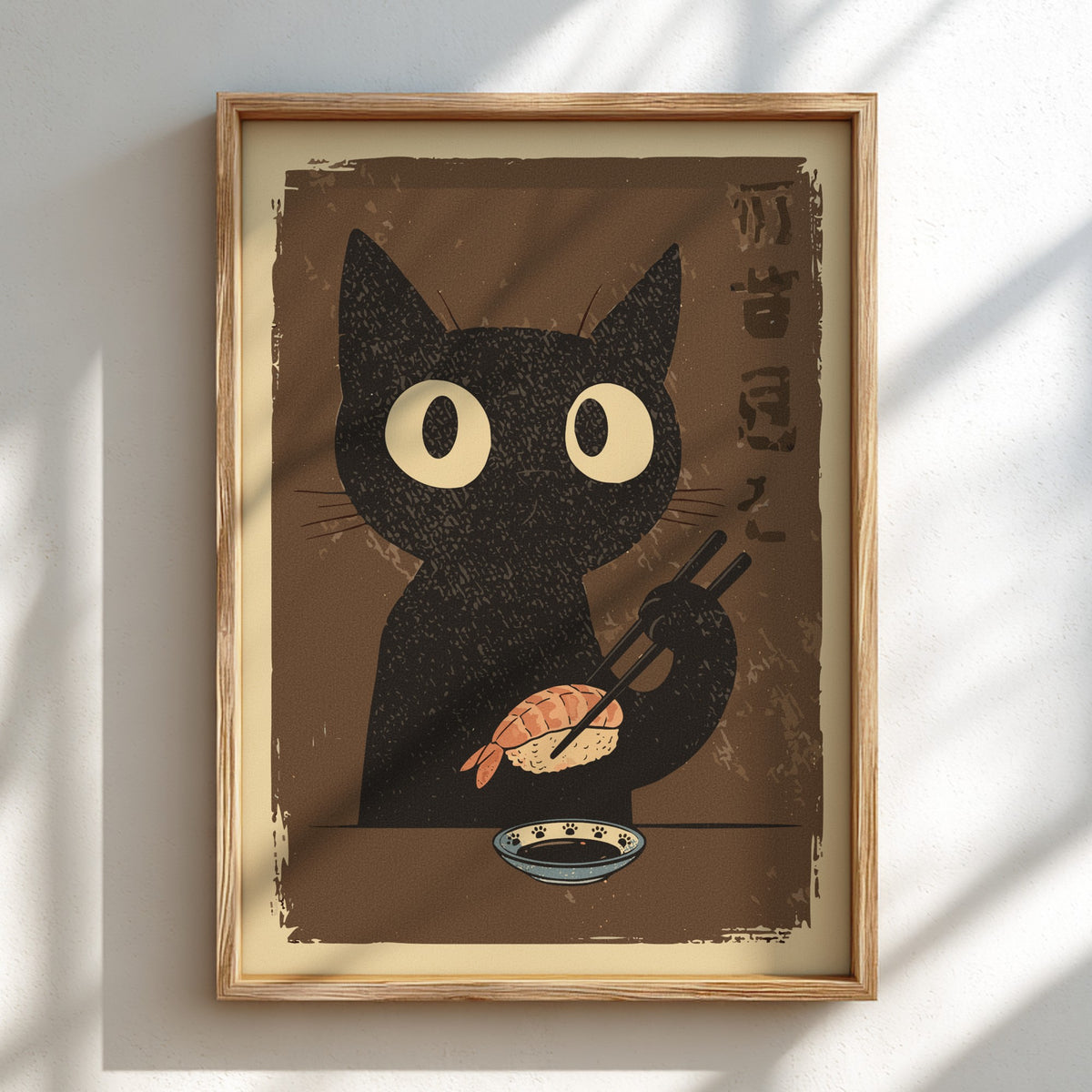 Illustration of a black cat eating sushi, retro Japanese-inspired kitchen poster