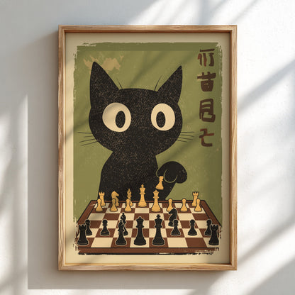 A framed art print featuring a stylized black cat with large white eyes contemplating a chess game on a chessboard, set against an olive green background with vertical Japanese characters. The print is housed in a light wood frame and mounted on a white wall with soft diagonal shadows.