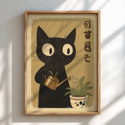 A framed art print featuring a black cat watering a small potted plant, displayed on a light wall with soft diagonal shadows.