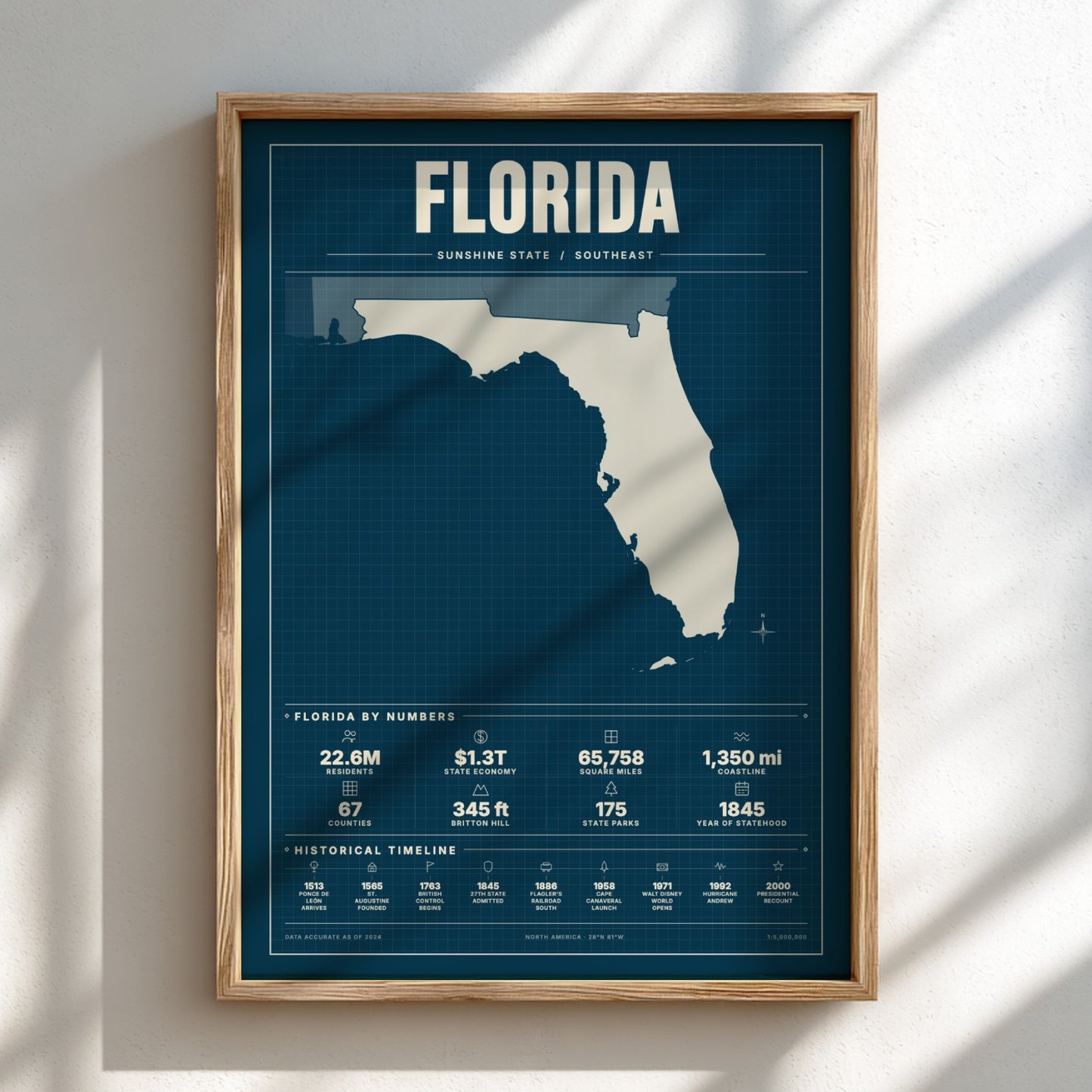 Framed map of Florida on a white wall with shadows