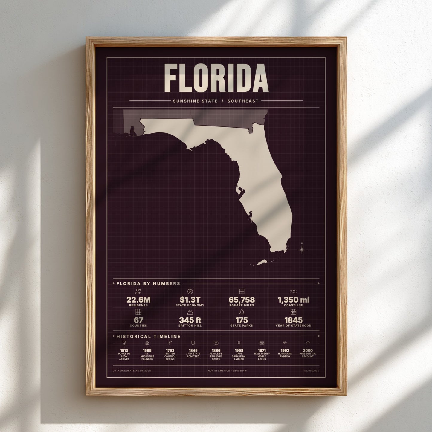 Framed map of Florida with statistical information on a white wall.