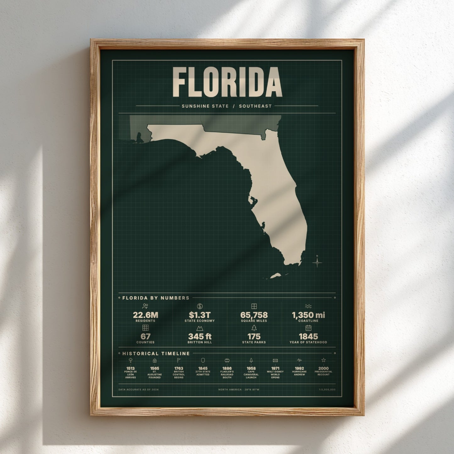 Framed map of Florida on a white wall with shadows
