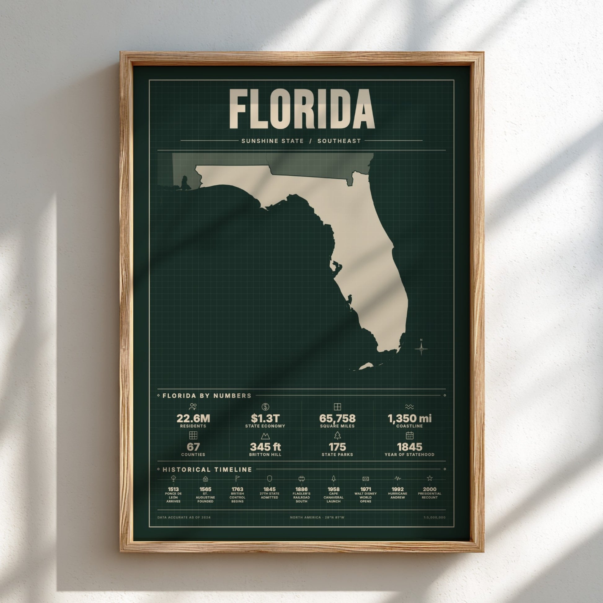 Framed map of Florida on a white wall with shadows